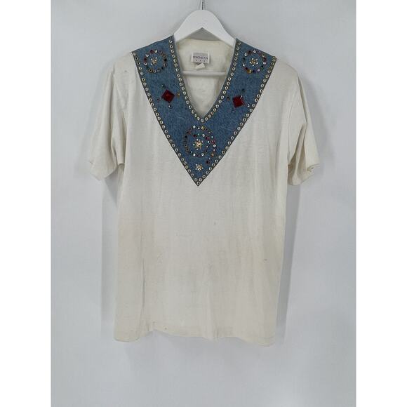 Special F/X Vintage Blouse Womens XL White Denim Beaded Neckline V Neck Studded - Picture 1 of 16